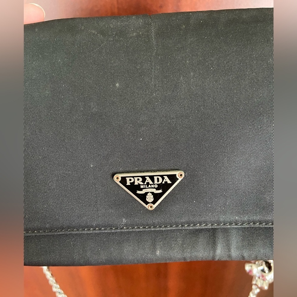 PRADA Tessuto Nylon Saffiano Flap Wallet Black w/ unbranded chain Authentic - Picture 2 of 16